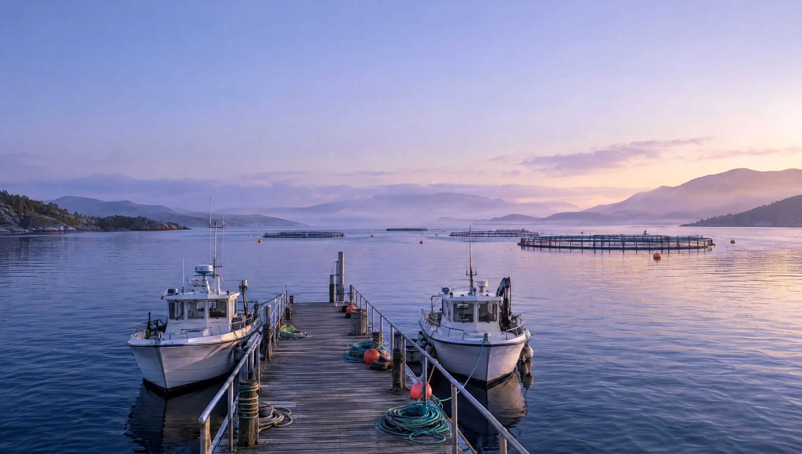 Workboats moored at a jetty with fish farm pens in the bay at dawn