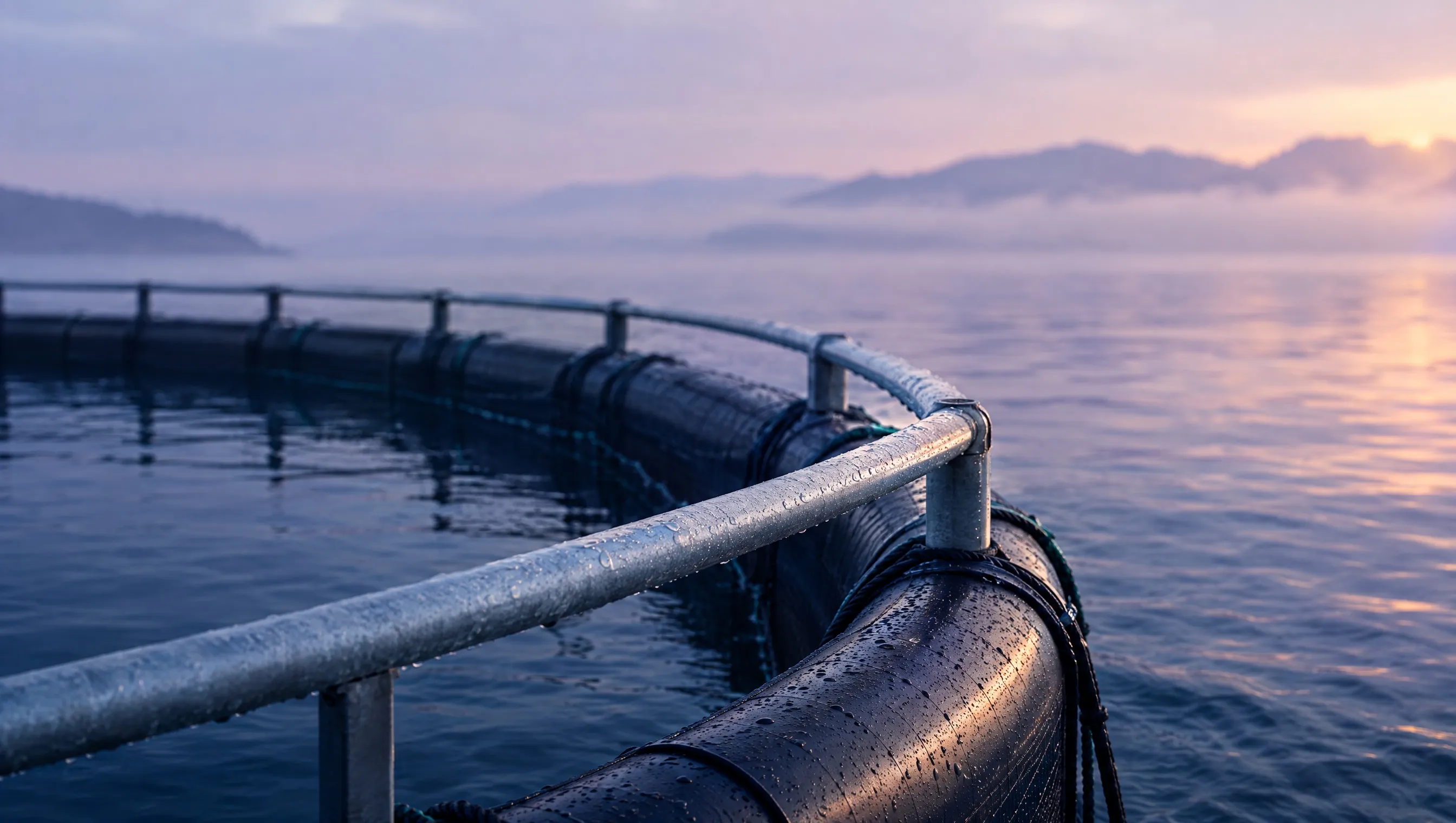 Close-up of a fish farm pen handrail and floating ring at dawn